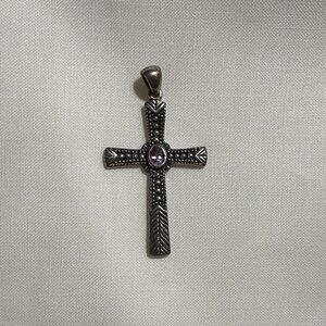 Elegant Silver Cross Pendant with Purple Gemstone